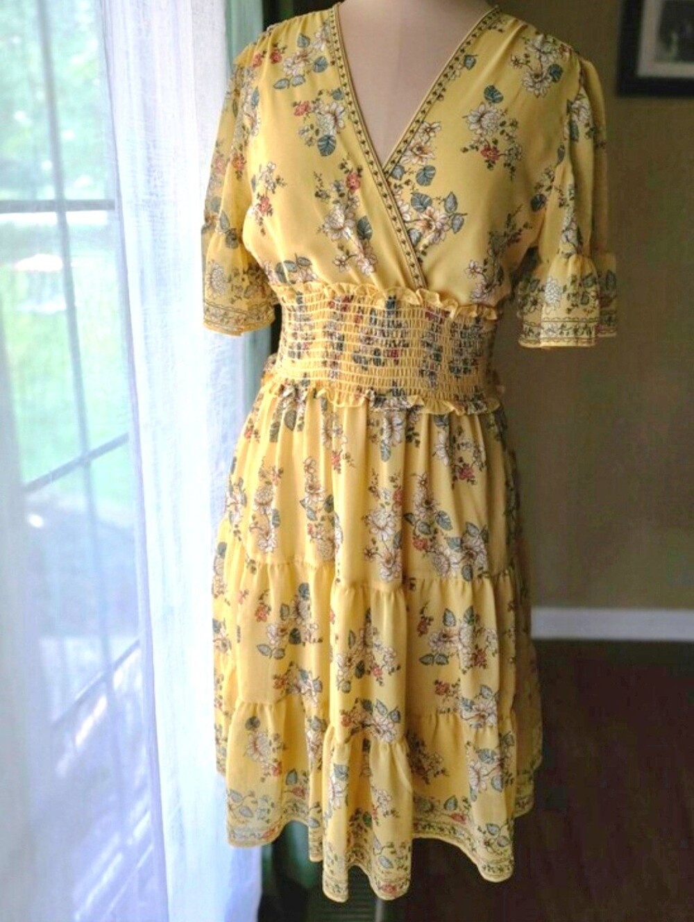 Max Studio Yellow Floral Smocked Waist Tiered Wrap Mini Dress Cottagecore Small